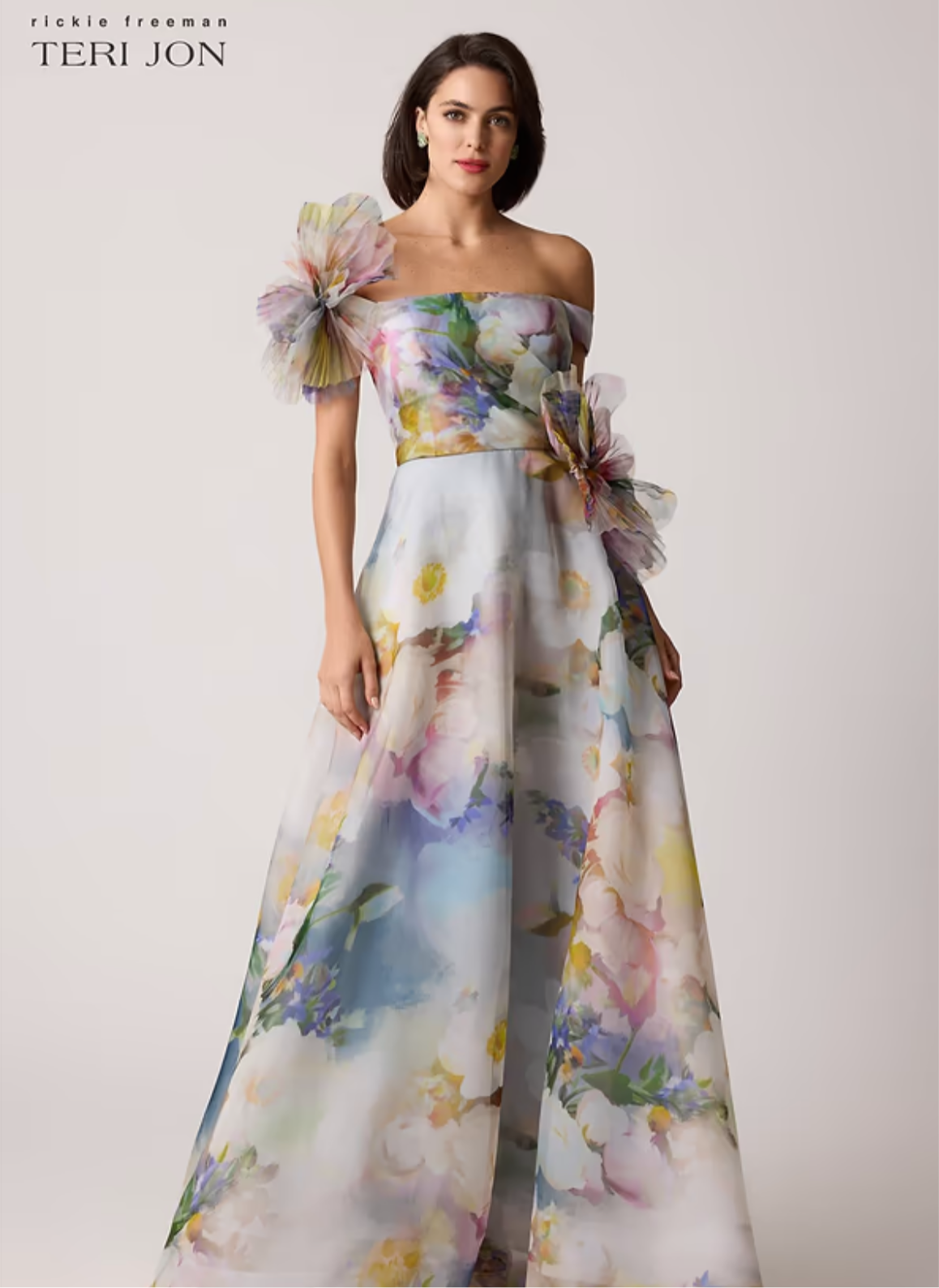 Organza Watercolor Off-Shoulder 3D Flower Gown