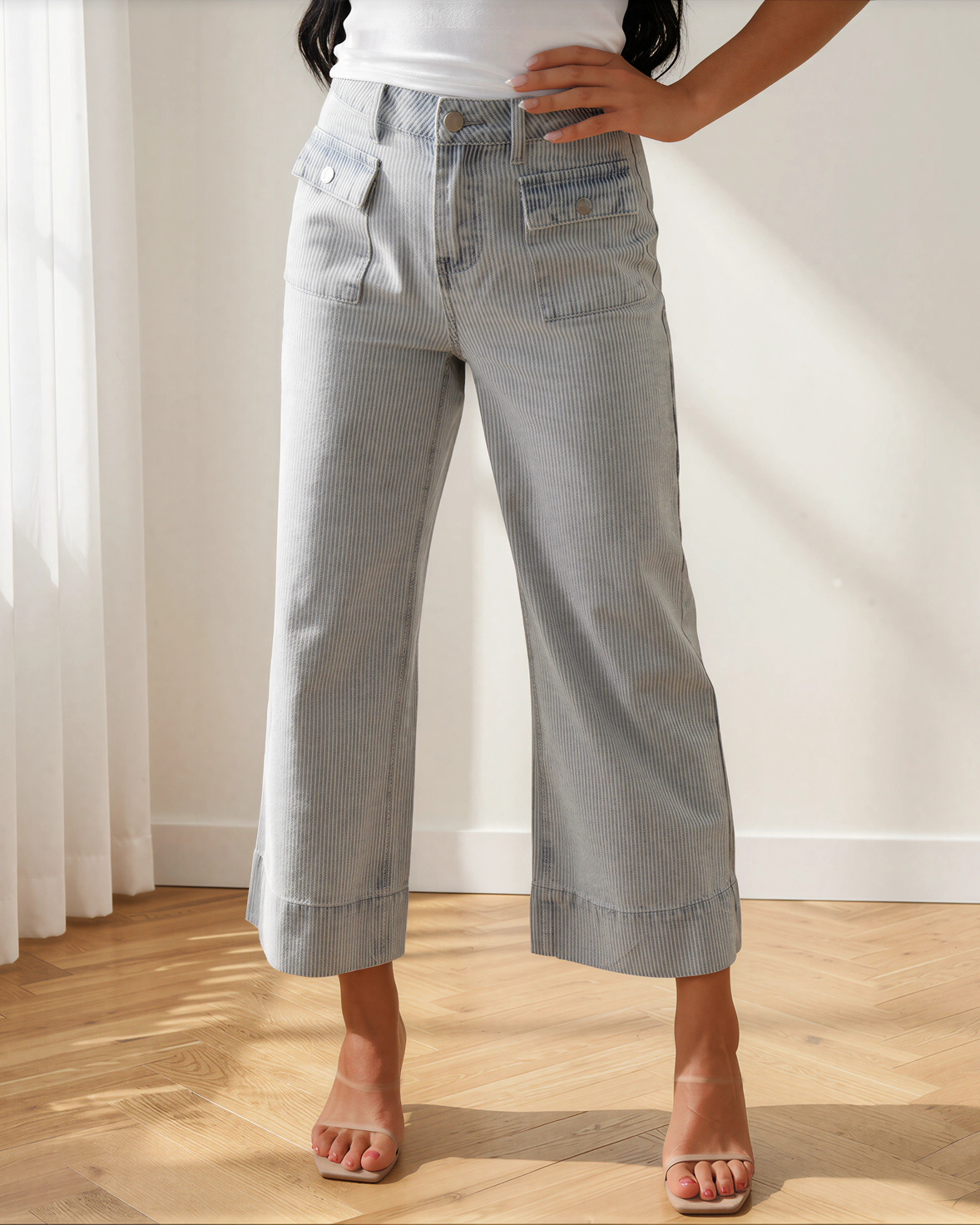 Camille Sky Blue Stripe Wide Leg Jeans | Cuffed Denim