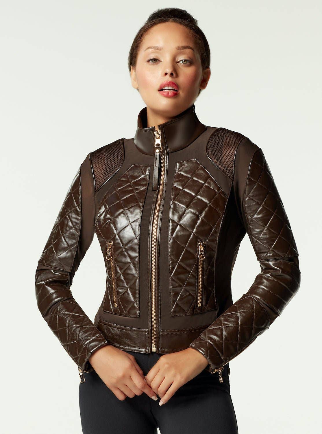 Leather Moto Mesh Jacket - Brown/Gold Trims