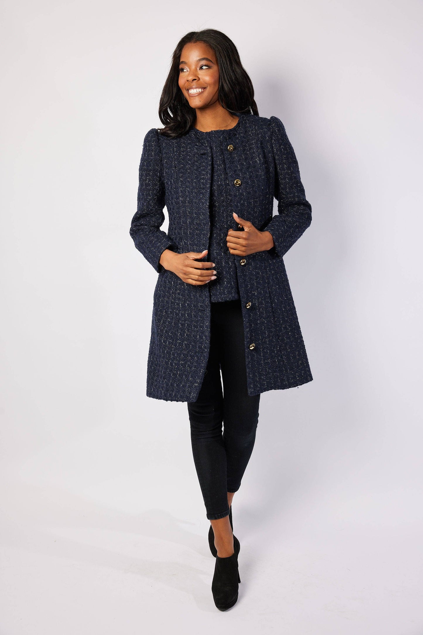 Navy Metallic Tweed Button Front Coat
