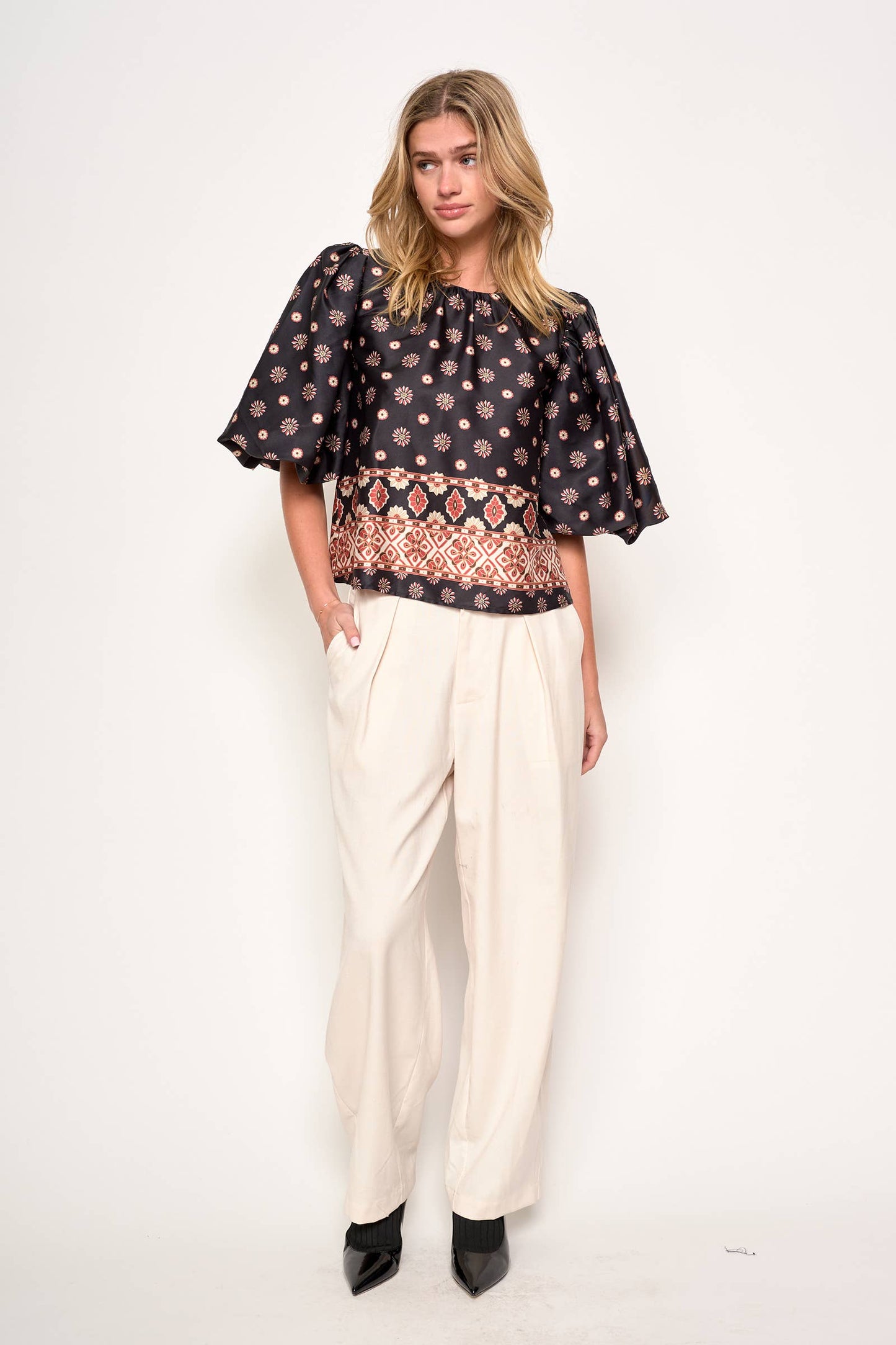 MINORI PRINTED PUFF SLEEVE BLOUSE TOP