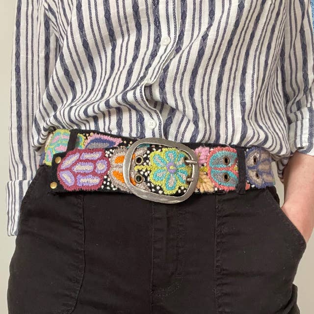 Folklorica Floral Embroidered Wool Belt, Black