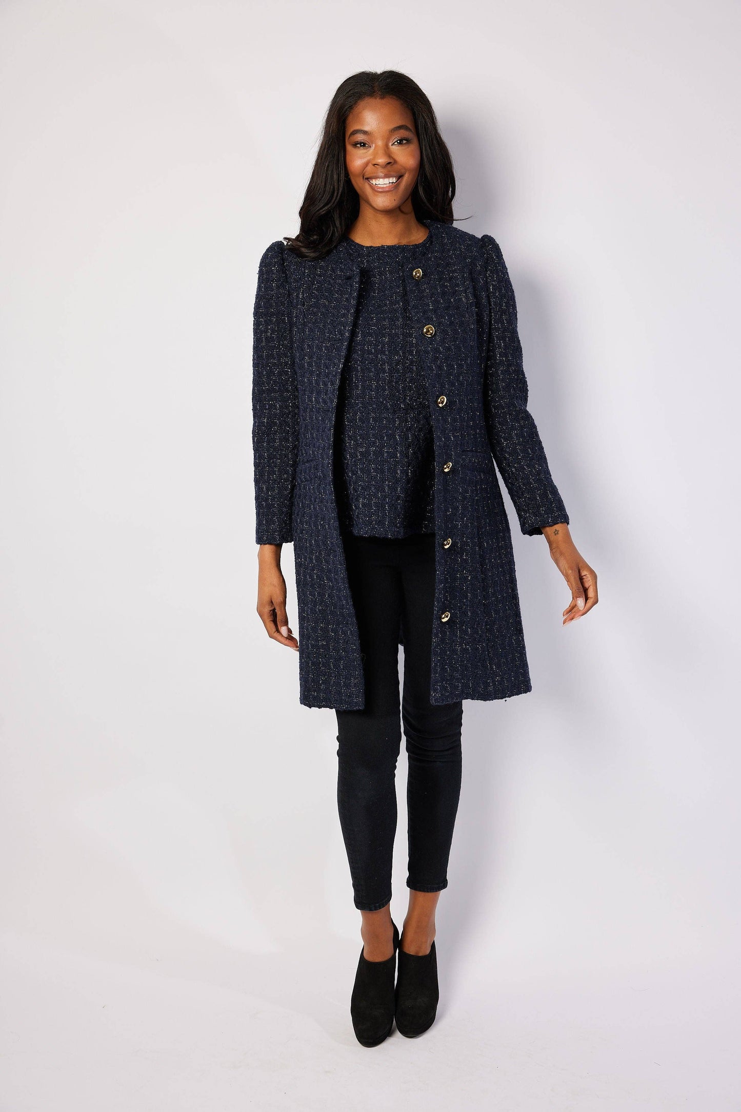 Navy Metallic Tweed Button Front Coat