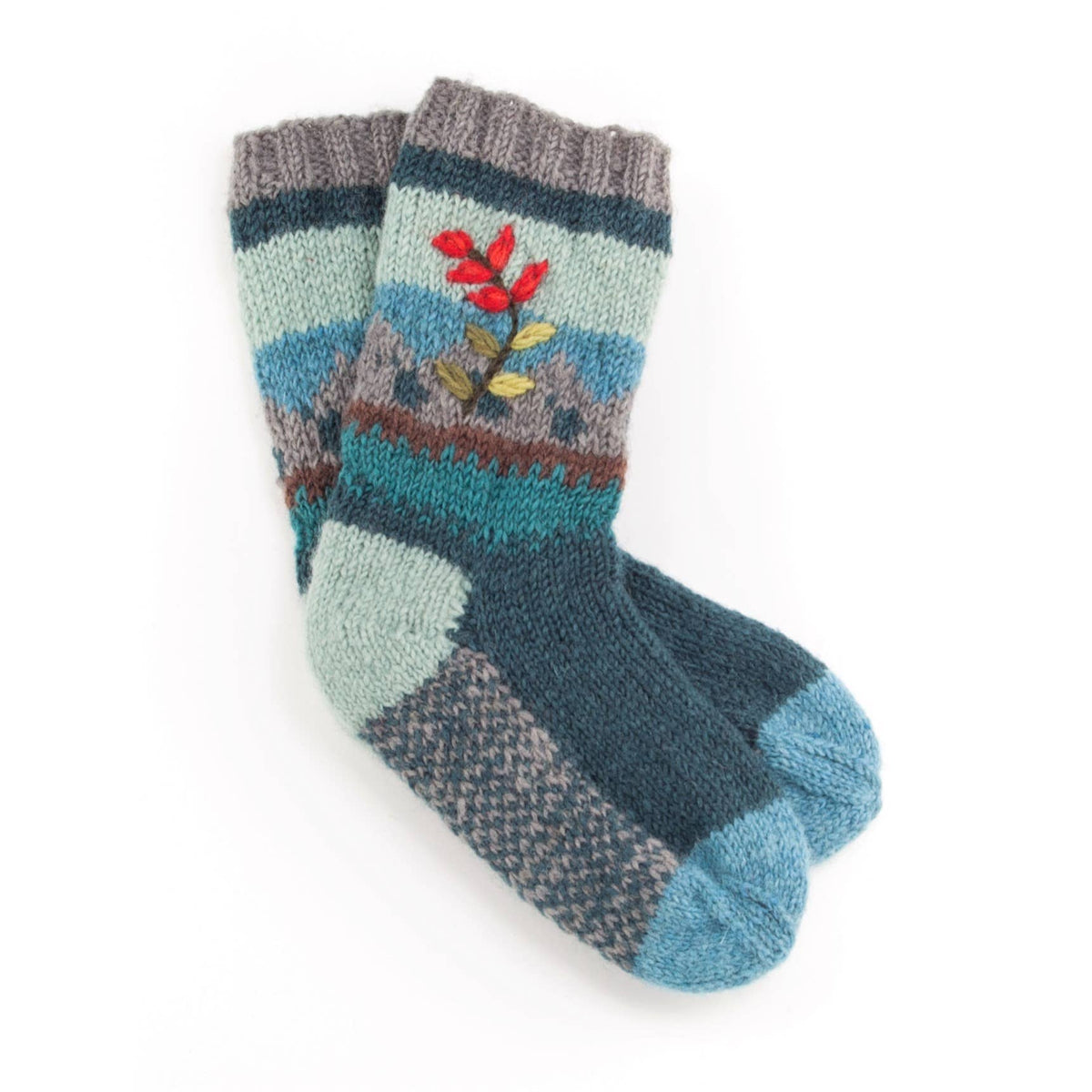 Chloe Wool Hand Knit Socks - Embroidered Floral Design
