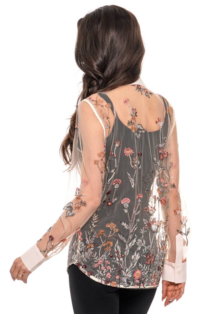 BUTTON DOWN MESH WITH SEQUENCE EMBROIDERY