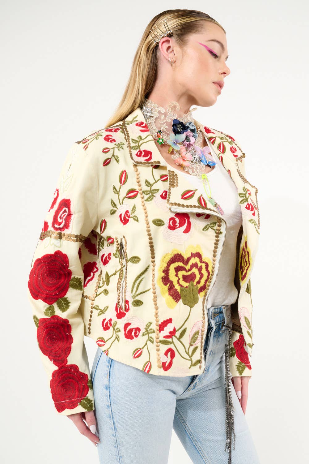 Carmen Embroidered Denim Motorcycle Jacket