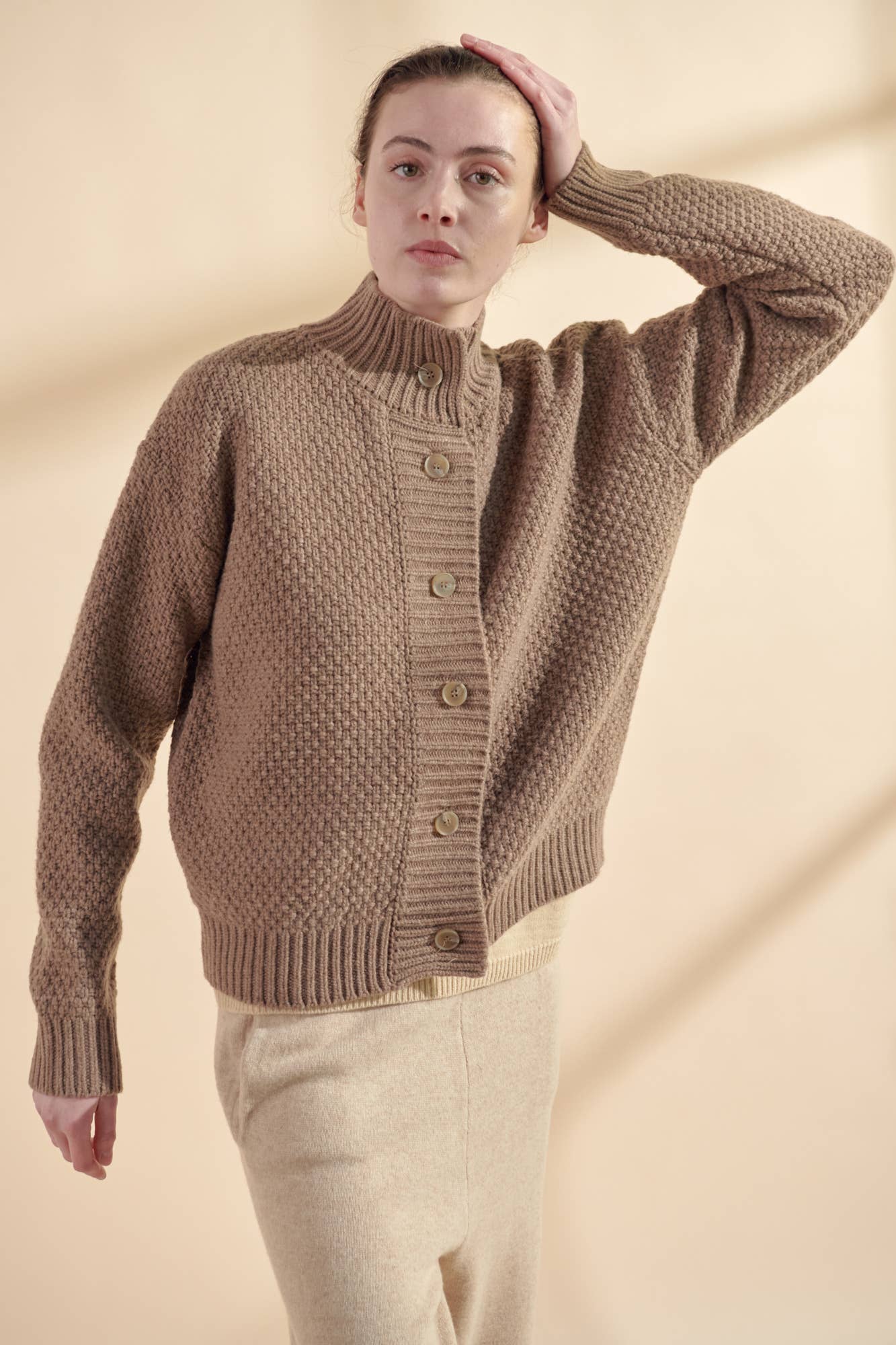 High neck wool sweater cardigan