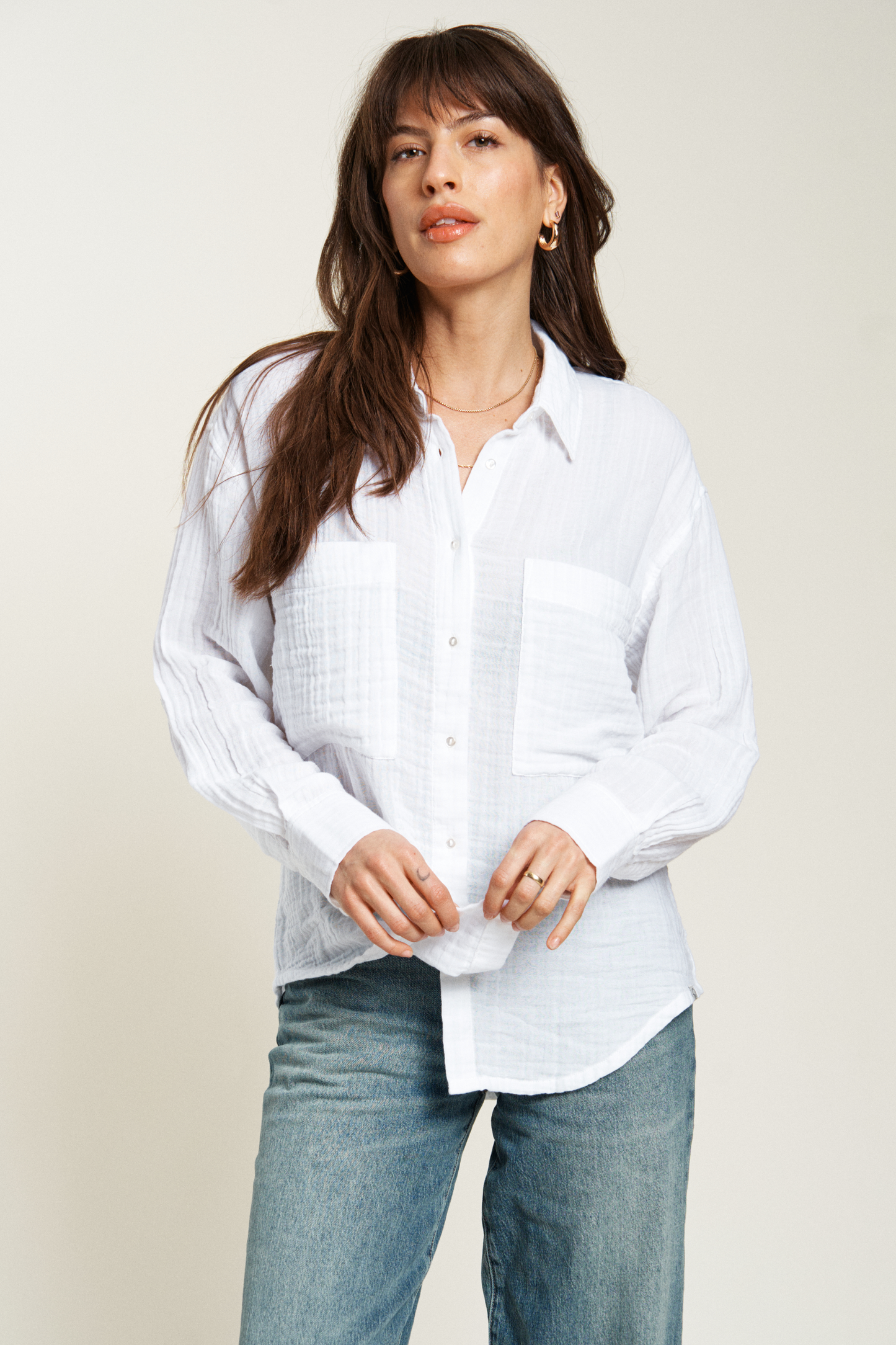 Pierre Button-Up Gauze Shirt, Cloudscape