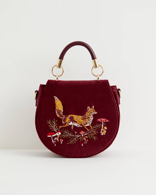 FABLE Fox & Mushroom Embroidered Velvet Saddle Purse