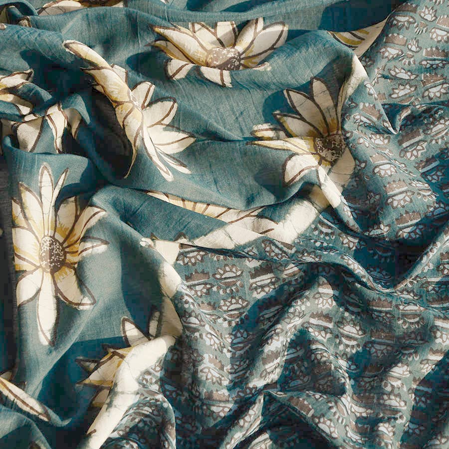 Handmade Block Print Green Cotton Silk Large Scarf | La Joie