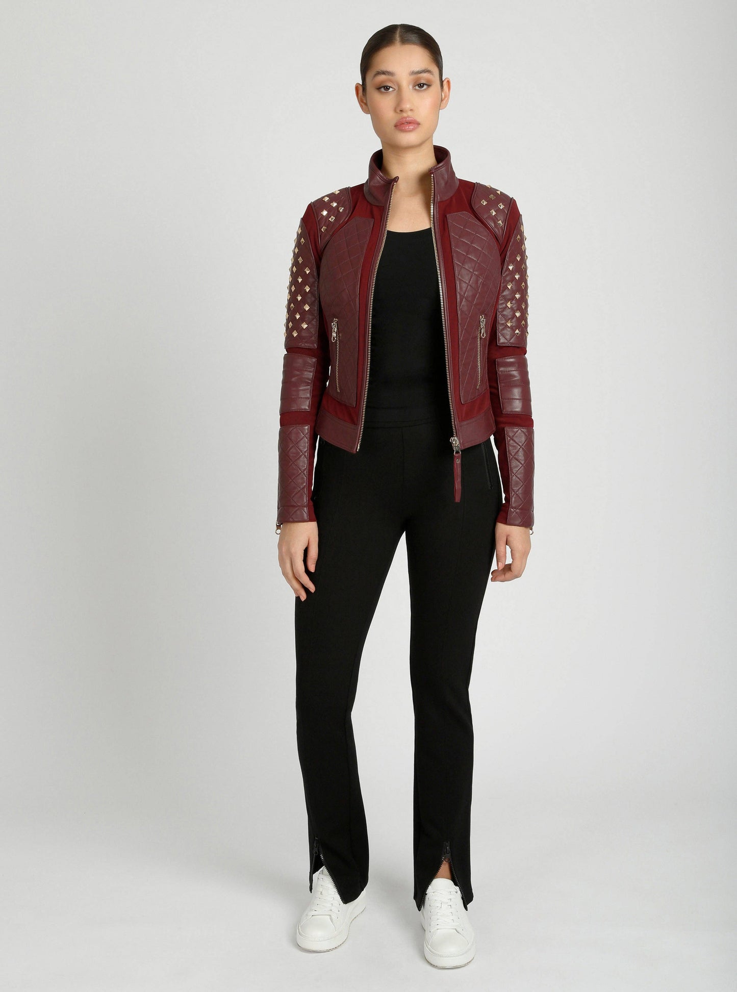 Pyramid Stud Mesh Genuine Leather Moto Jacket