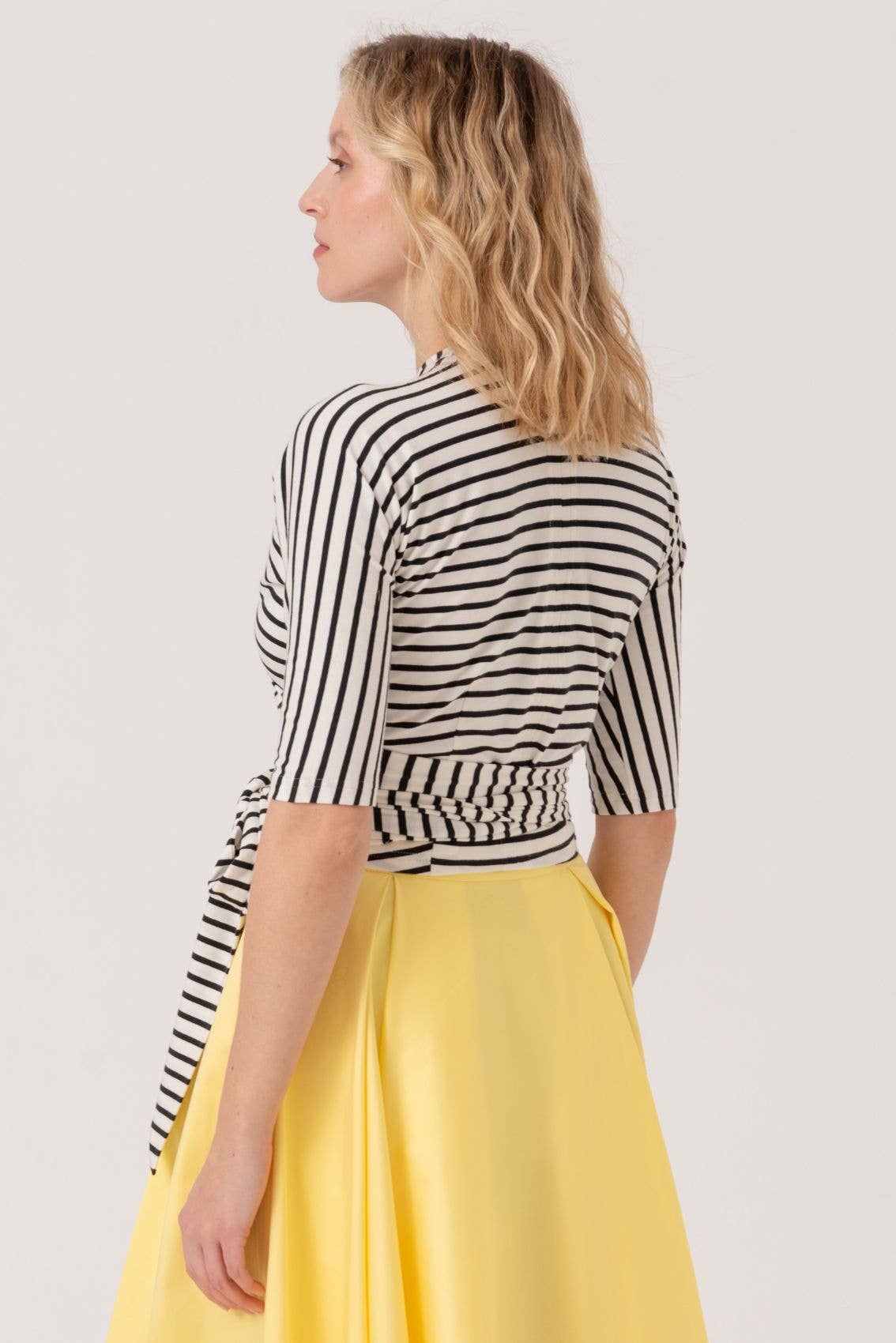 Black-Cream Striped Wrap Top