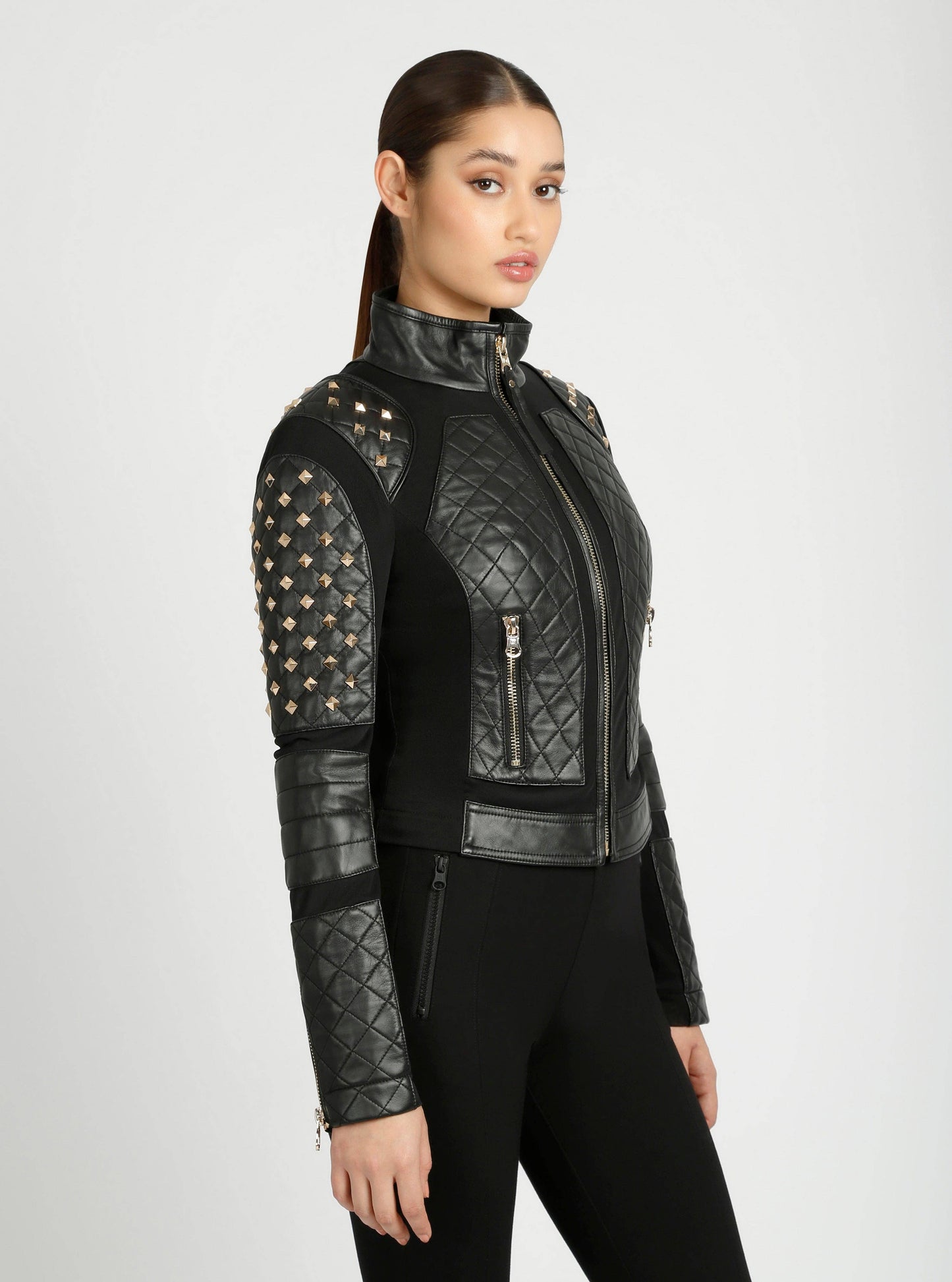 Pyramid Stud Mesh Genuine Leather Moto Jacket