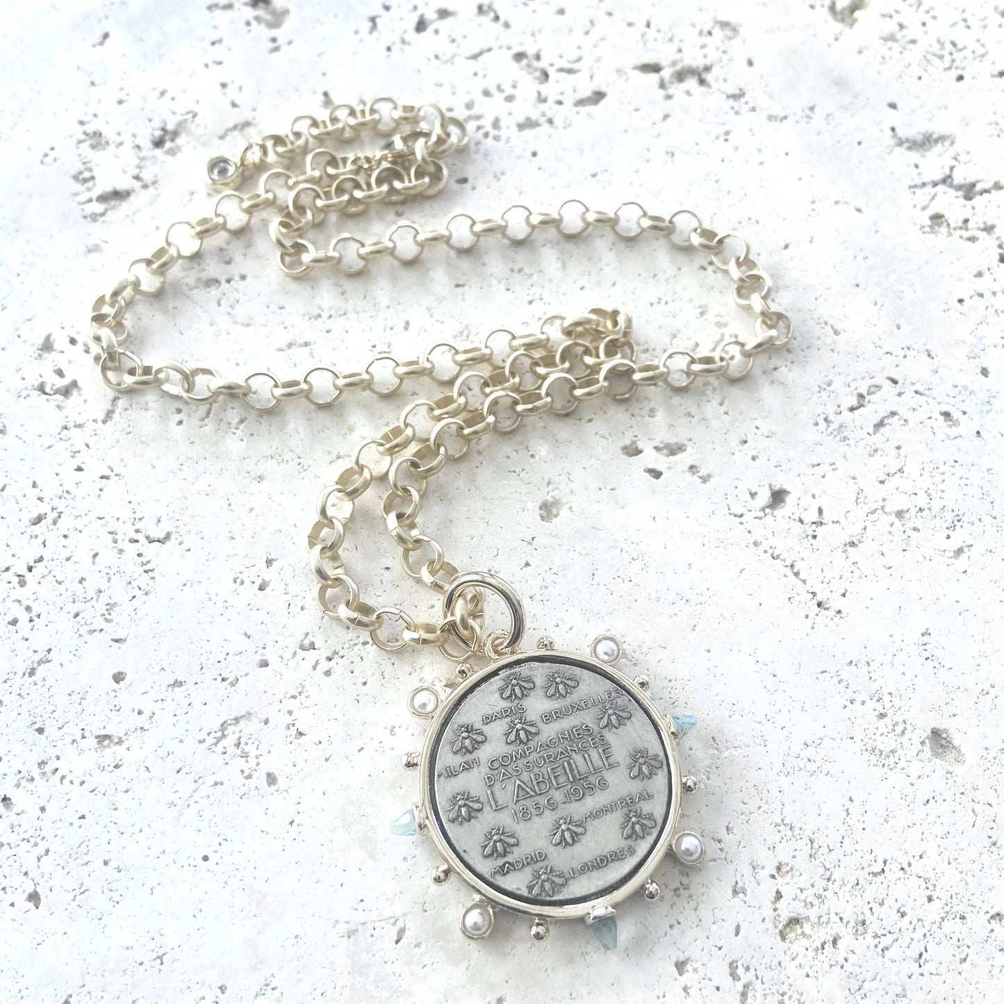 French Bee coin necklace matte gold jewelry handmade