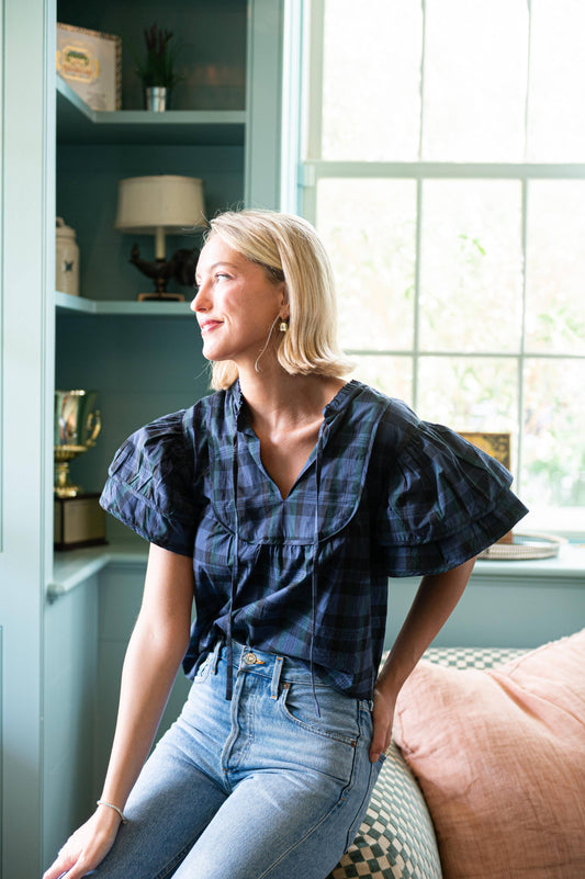 Blackwatch Tartan Ruffle Sleeve Top
