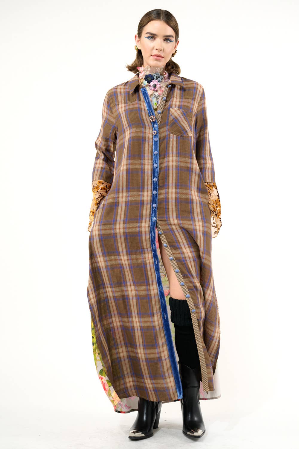 Anna Button Up Shirt Dress | Plaid Maxi | Peacock Print
