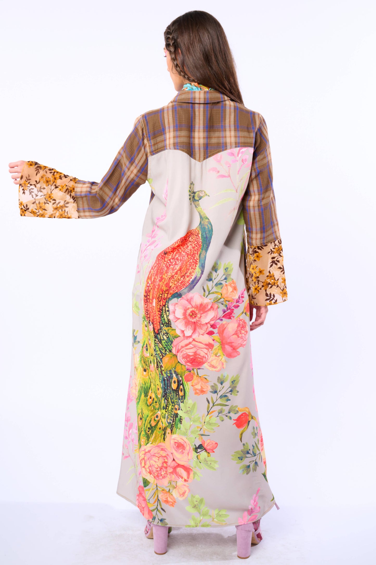 Anna Button Up Shirt Dress | Plaid Maxi | Peacock Print