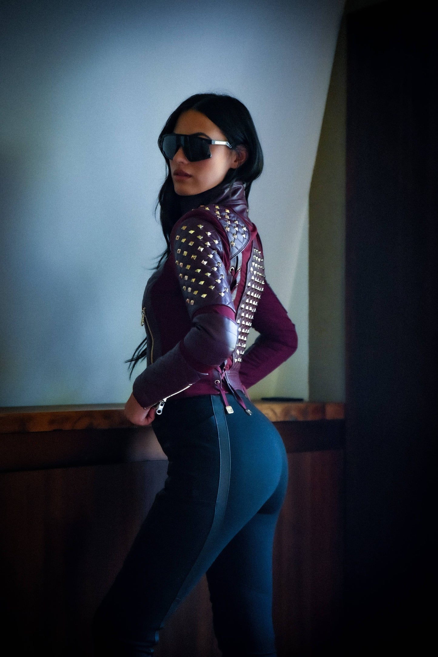 Pyramid Stud Mesh Genuine Leather Moto Jacket