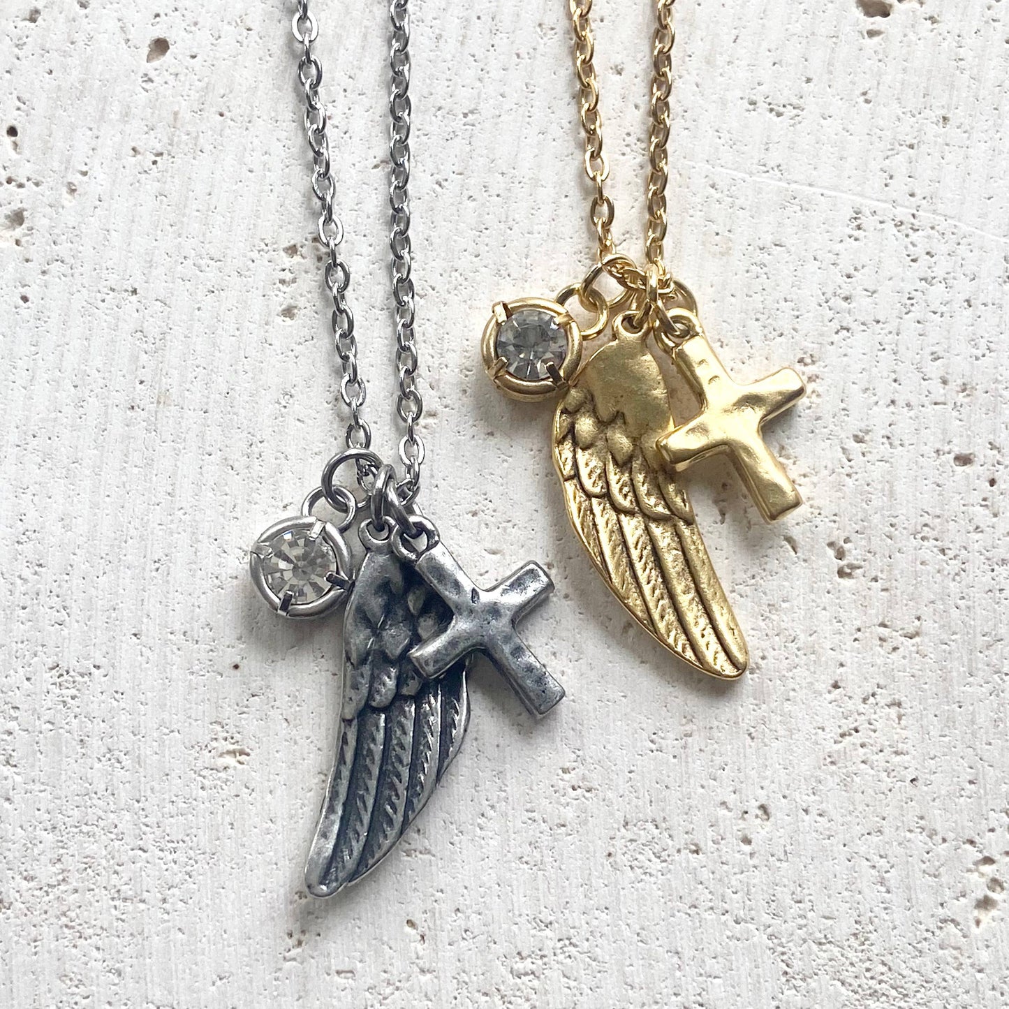 Angel wing cross crystal cluster necklace handmade jewelry 