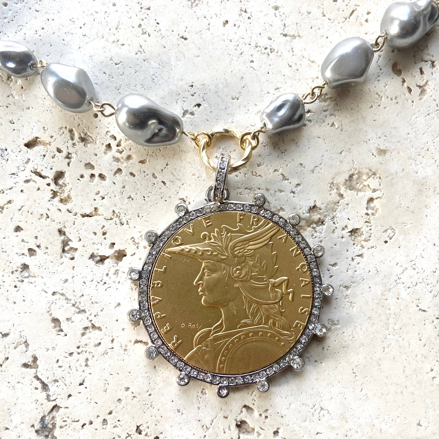 French coin necklace vintage style boutique jewelry salon 