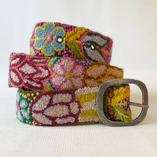 Folklorica Floral Embroidered Wool Belt, Olive