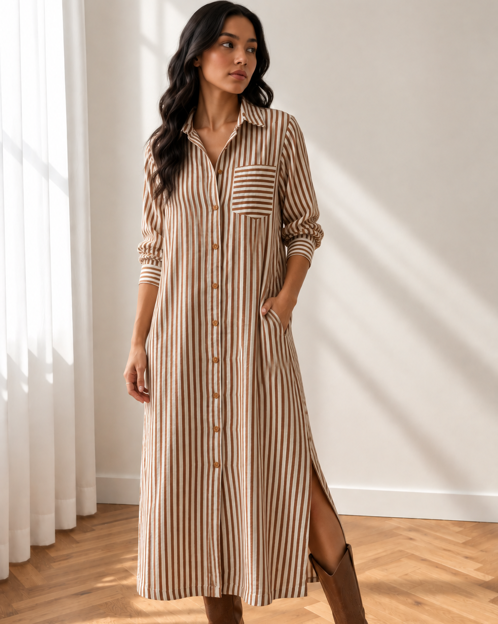 Sasha Stripe Midi Shirt Dress | Button Down Textured Dress