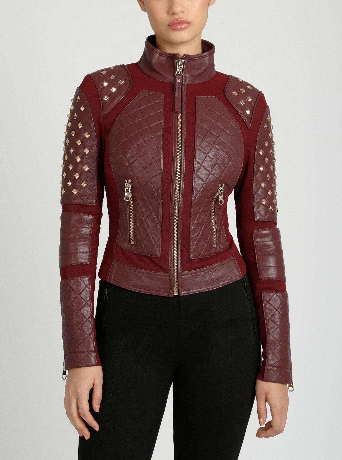 Pyramid Stud Mesh Genuine Leather Moto Jacket