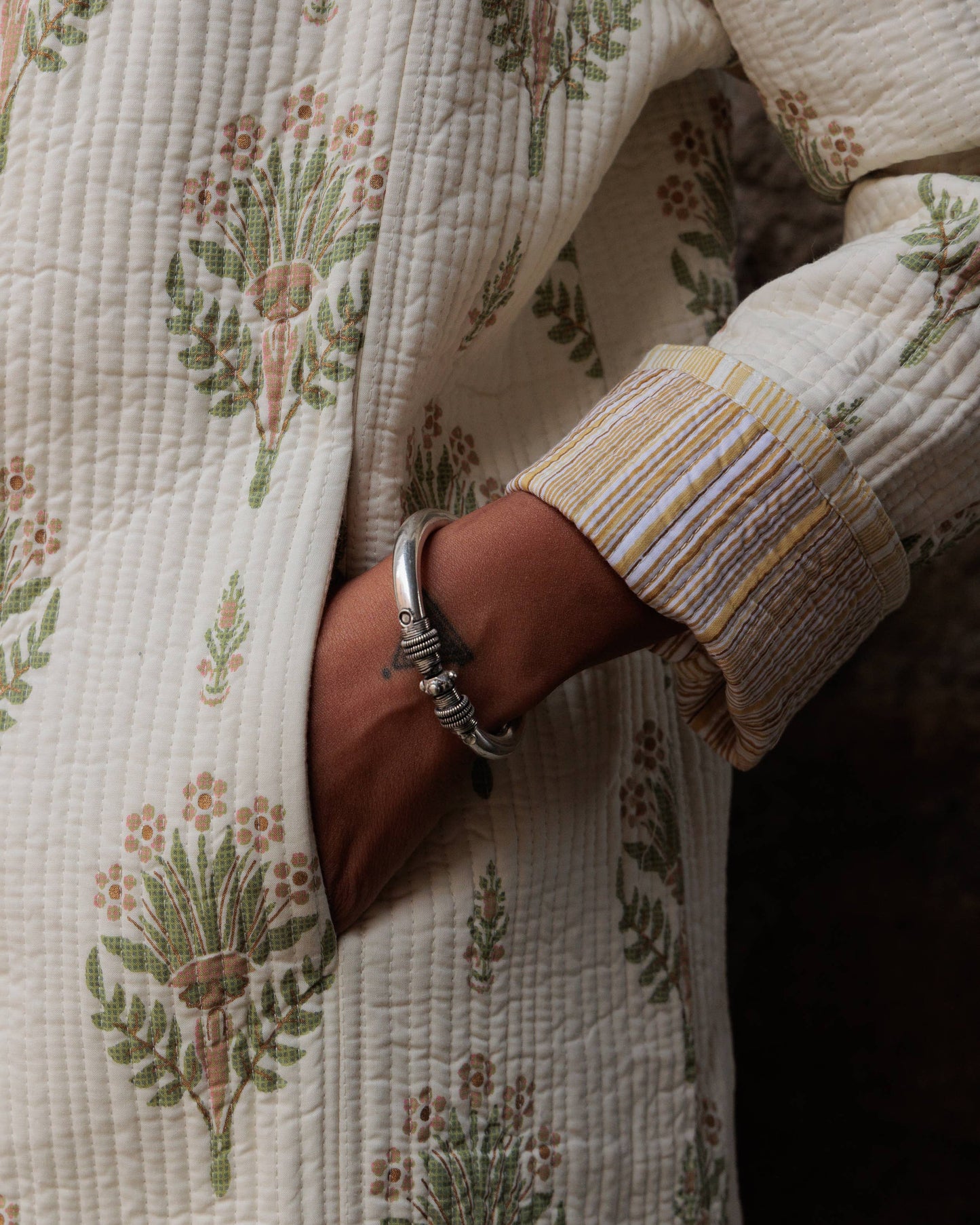 Long Quilted Daya Coat ~ Leaf & Cream