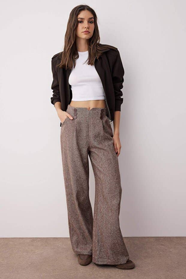 Brown Button-Detailed Winter Palazzo Pants