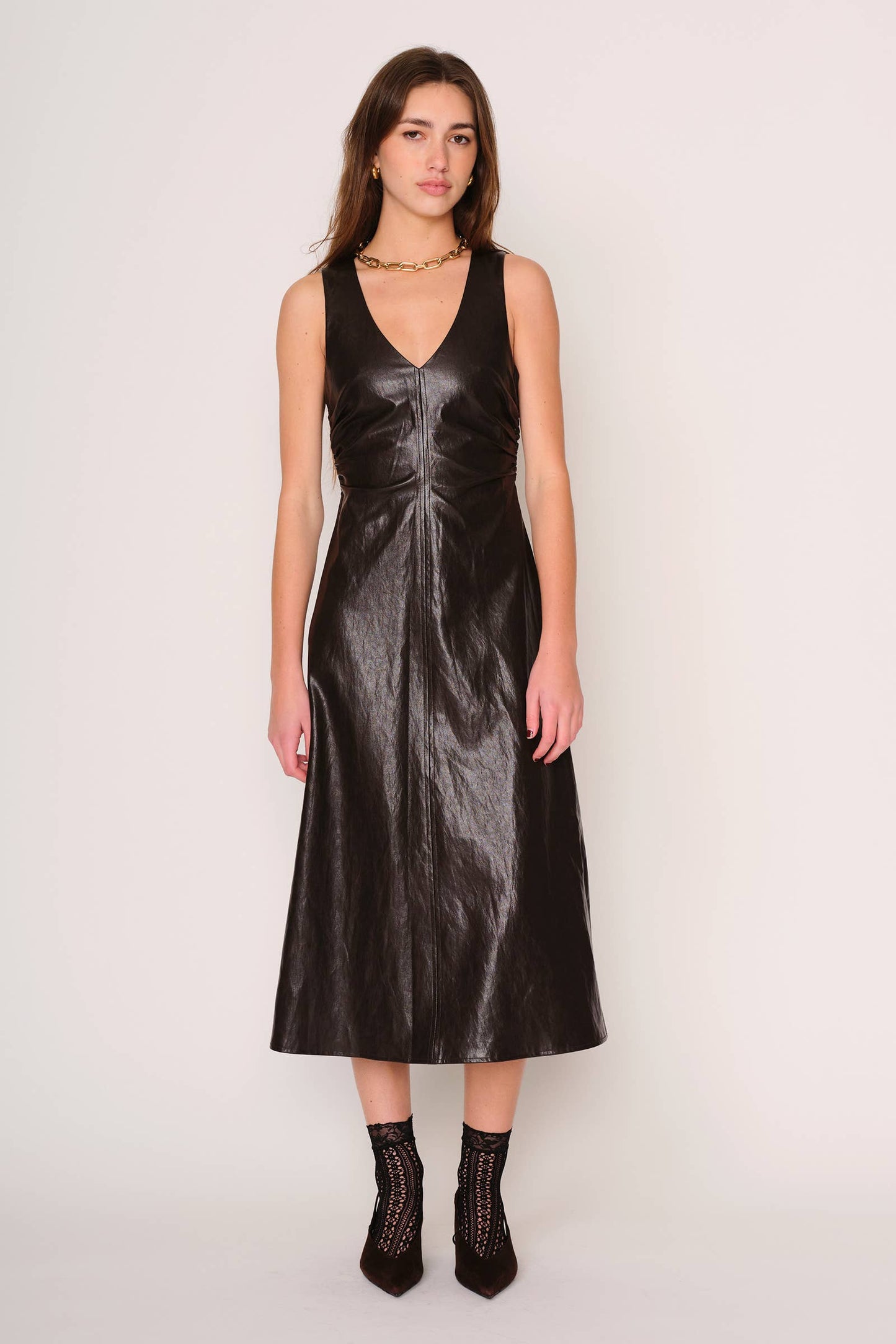 FALL FAUX LEATHER BROWN CELESTE DRESS