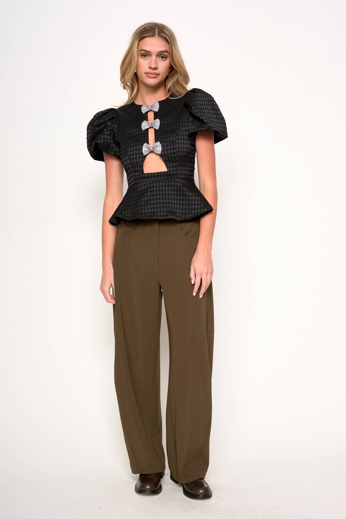 BOWIE BLACK TEXTURED HOUNDSTOOTH PUFF SLEEVE BLOUSE TOP