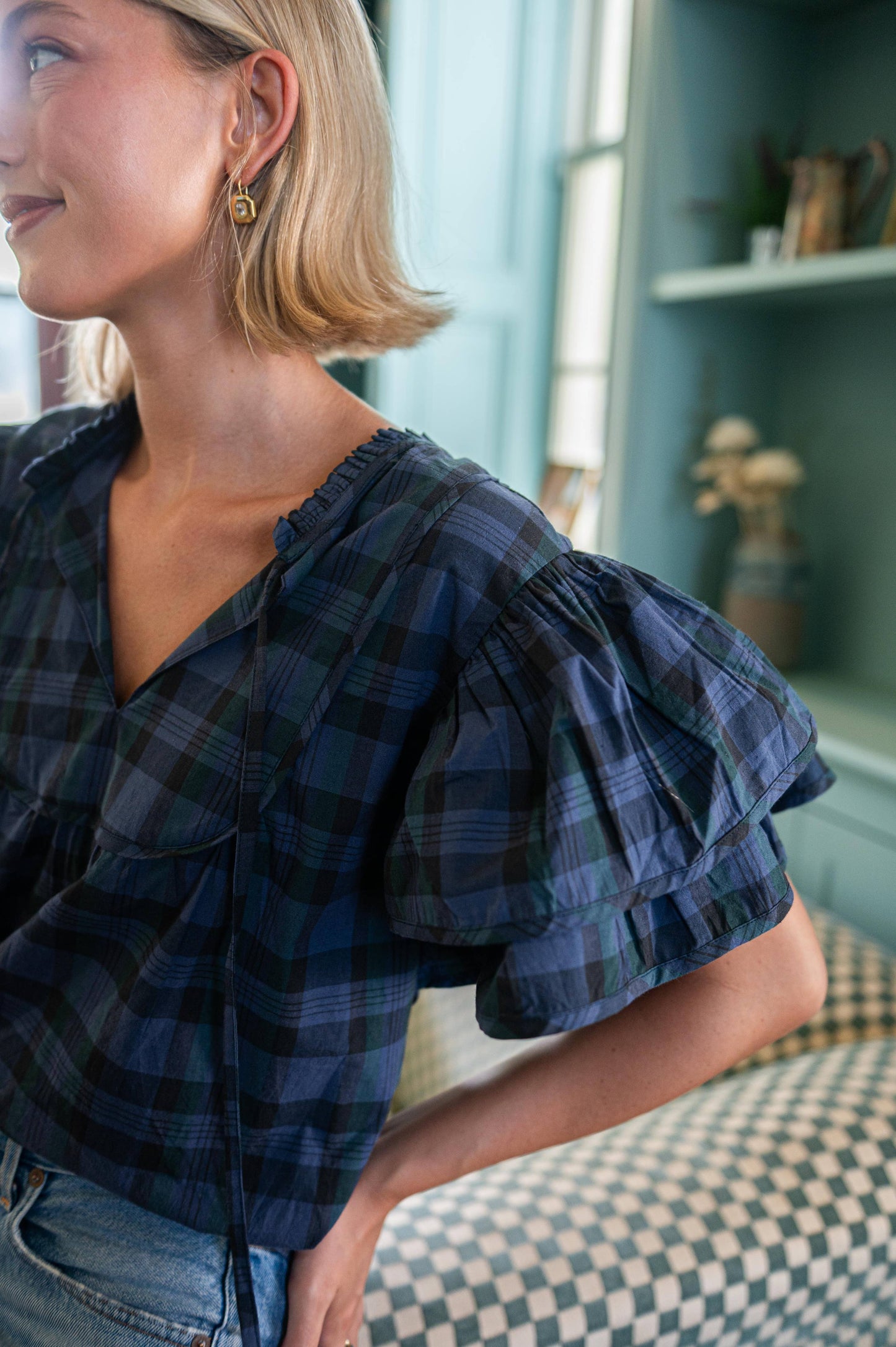 Blackwatch Tartan Ruffle Sleeve Top