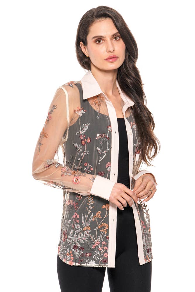 BUTTON DOWN MESH WITH SEQUENCE EMBROIDERY