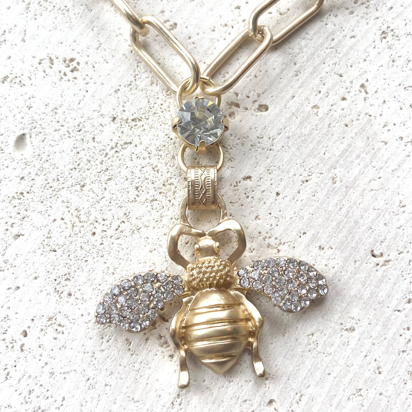 Bee Crystal Necklace - Matte Gold