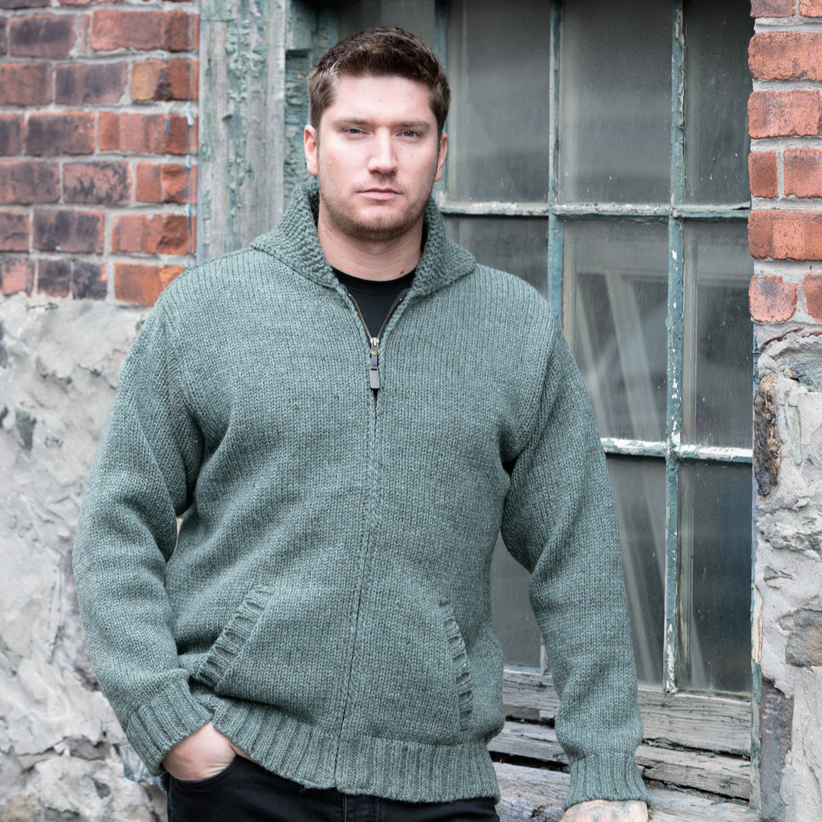Lodge Hand Crafted Wool Sweater – Shawl Collar Zip Jacket