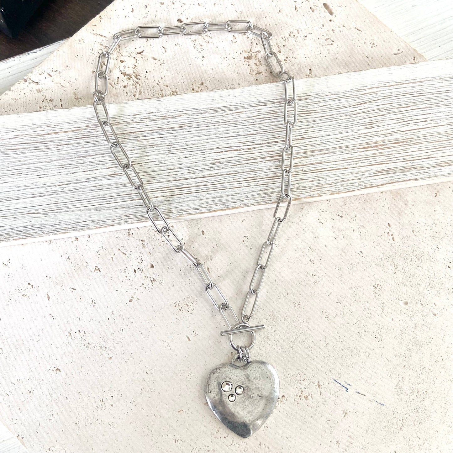 Large hammered heart with crystals statement necklace 2025