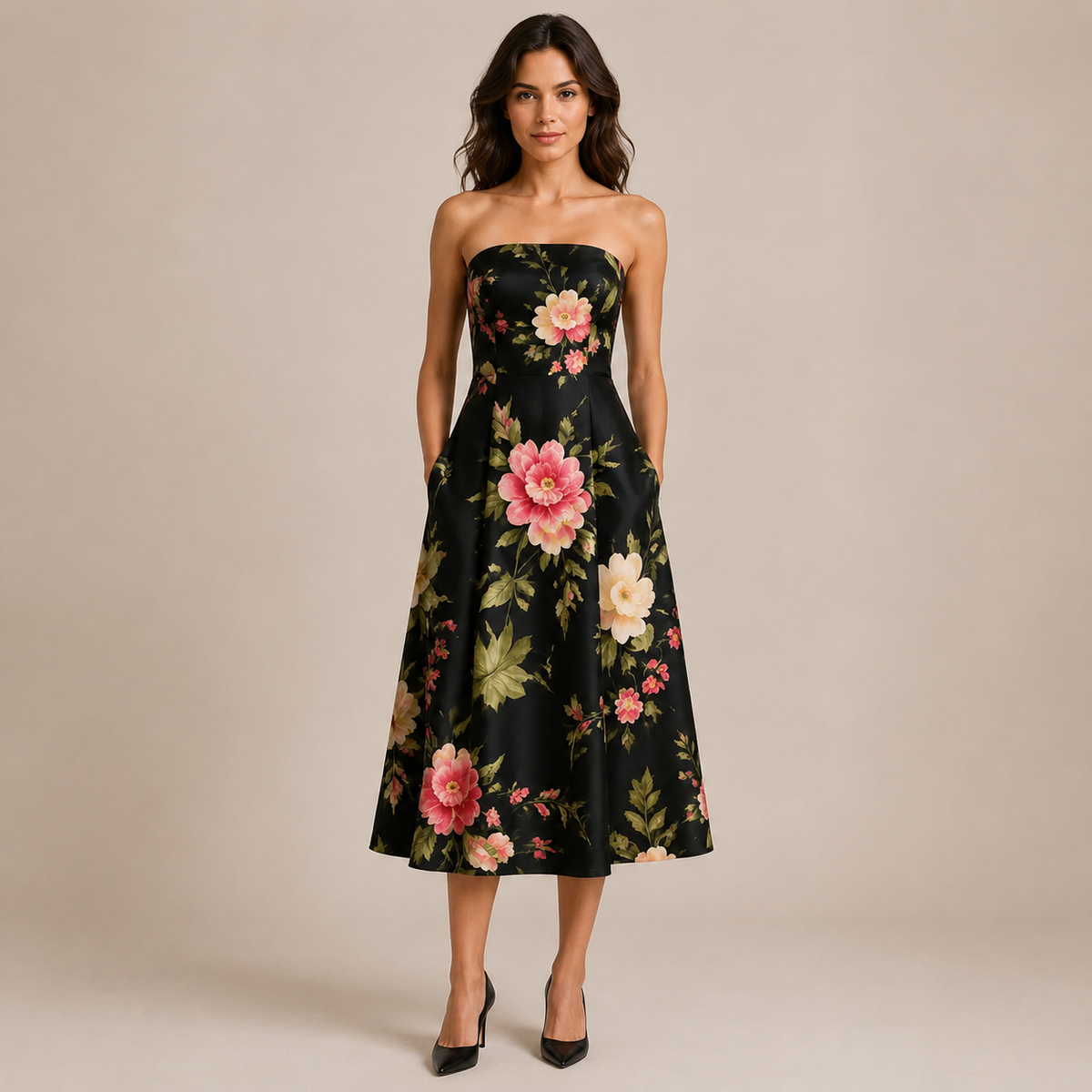 Aurelle Black Floral Silk Midi Dress