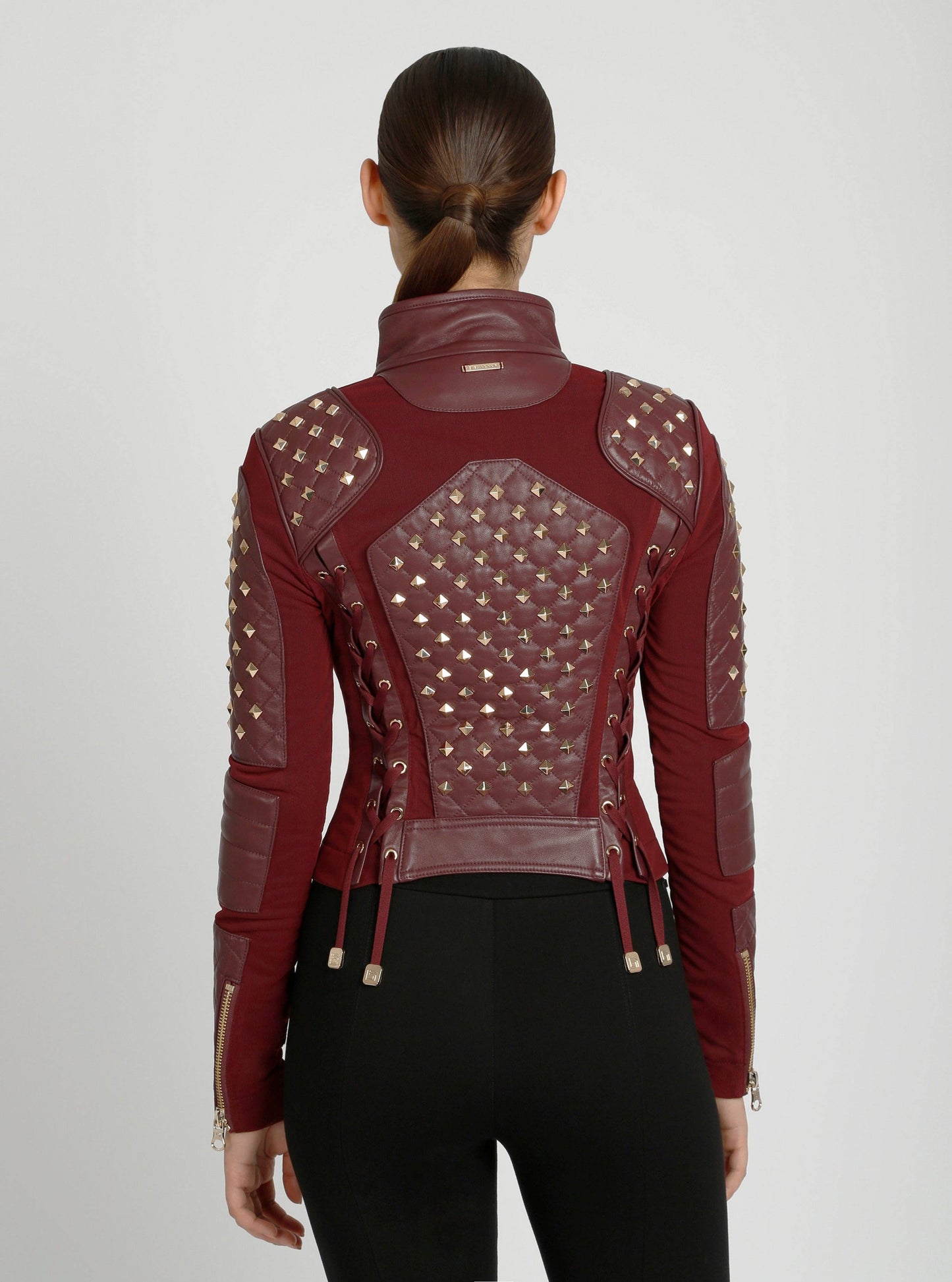 Pyramid Stud Mesh Genuine Leather Moto Jacket