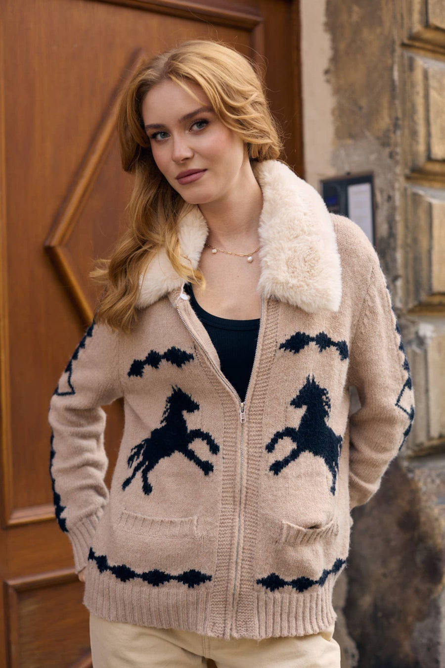 Fur Collar Horse Knit Sweater