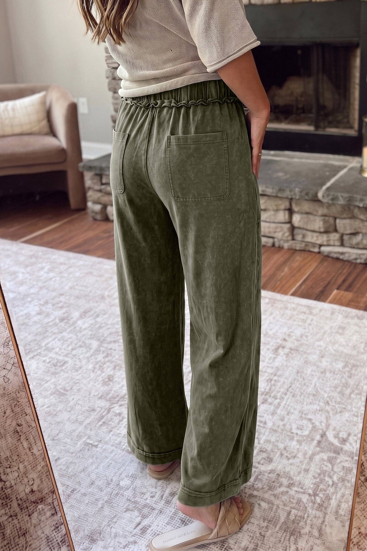 Jungle Green Mineral Wash Flare Pants | Drawstring Cotton Pa
