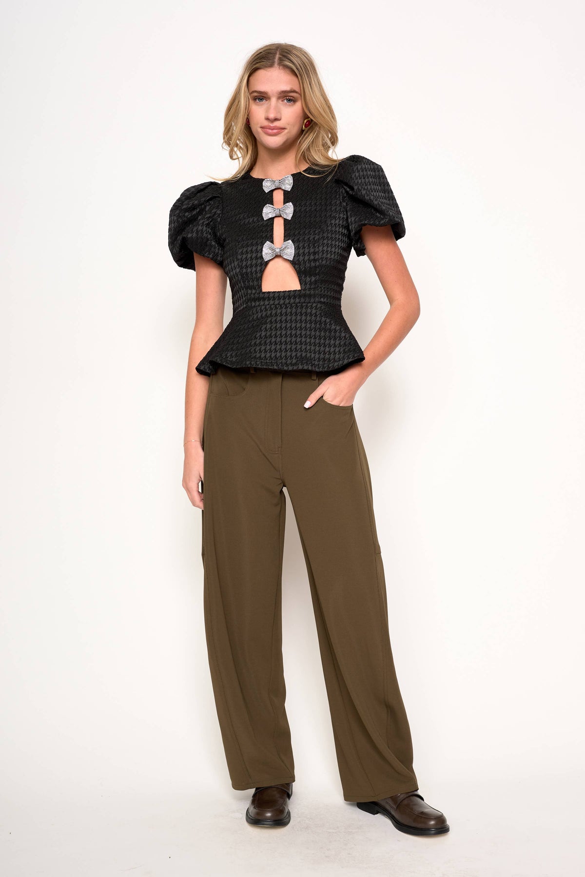 BOWIE BLACK TEXTURED HOUNDSTOOTH PUFF SLEEVE BLOUSE TOP