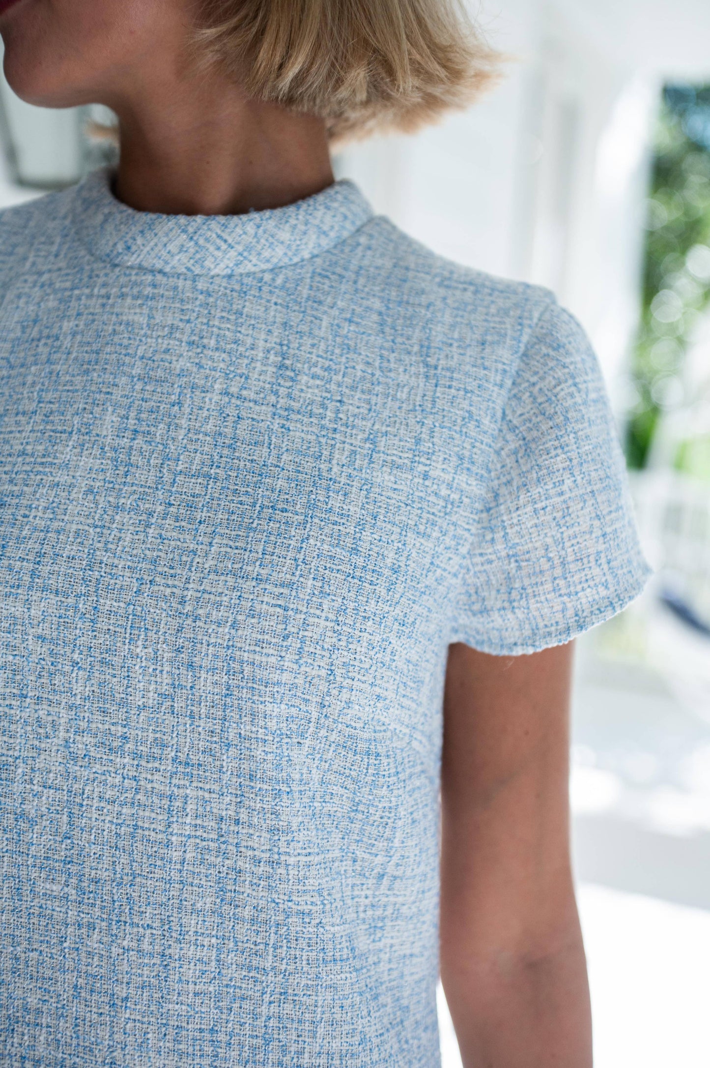 Blue Tweed Short Sleeve Shift Dress