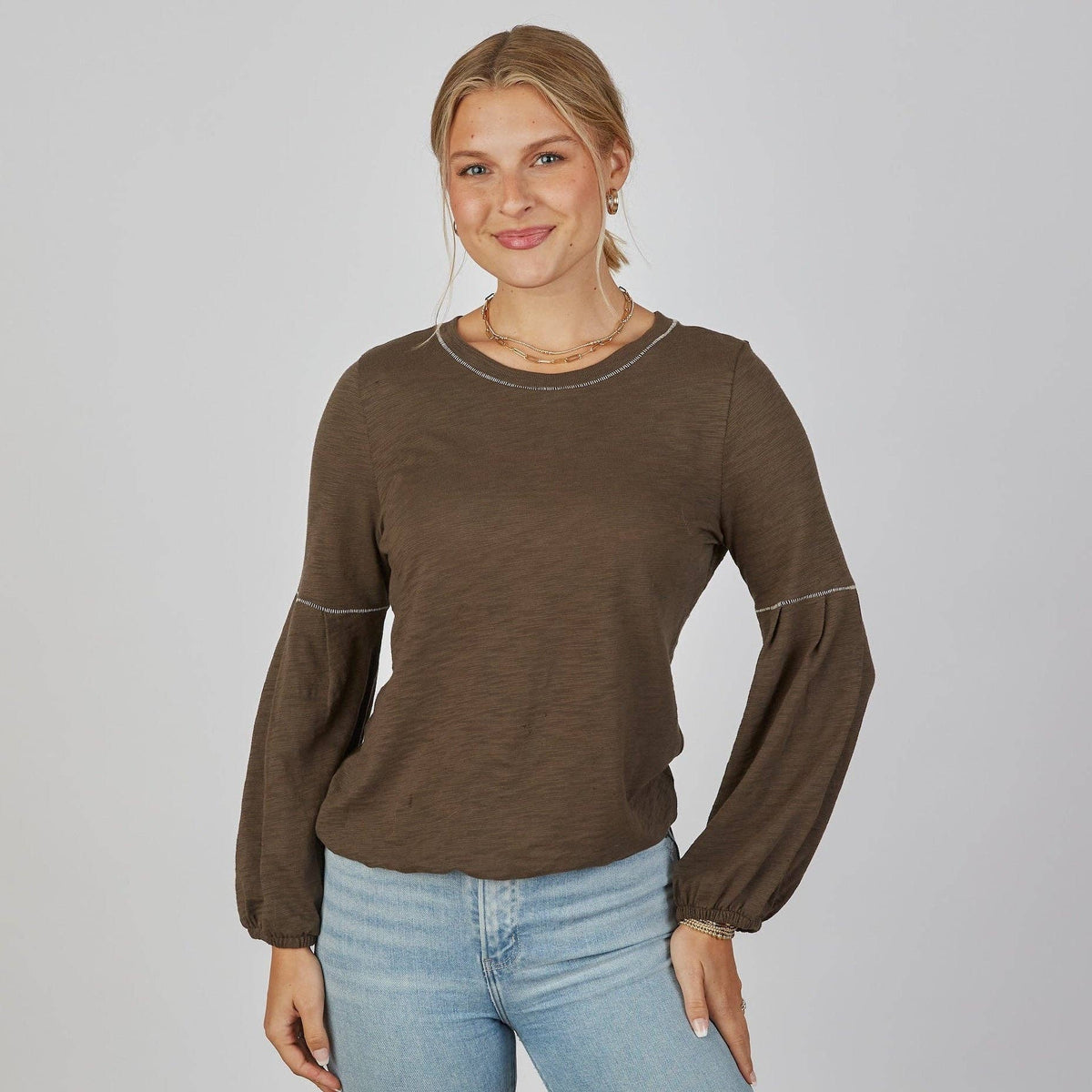 English Popover Top in Espresso Brown - Long Sleeve