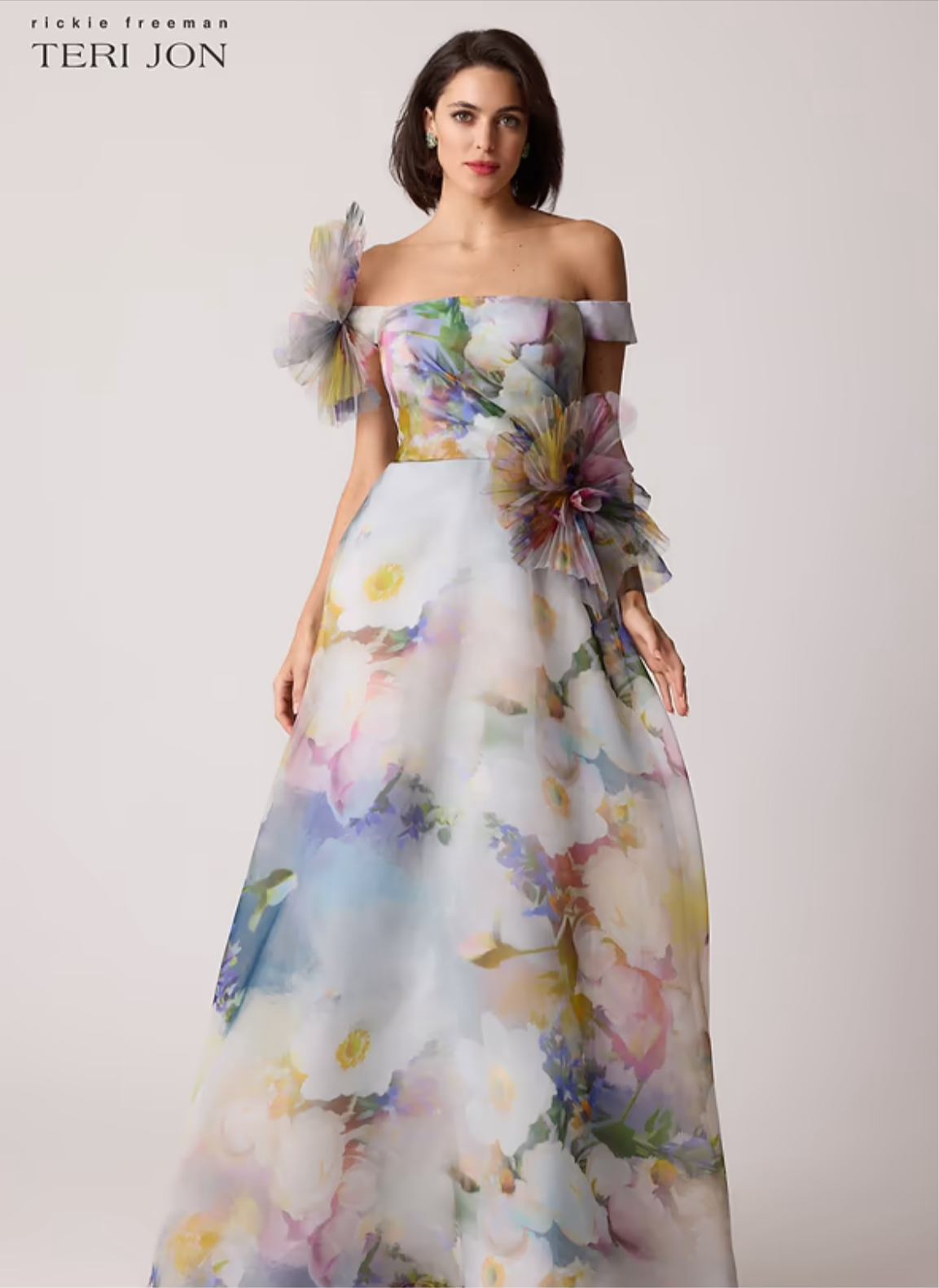Organza Watercolor Off-Shoulder 3D Flower Gown