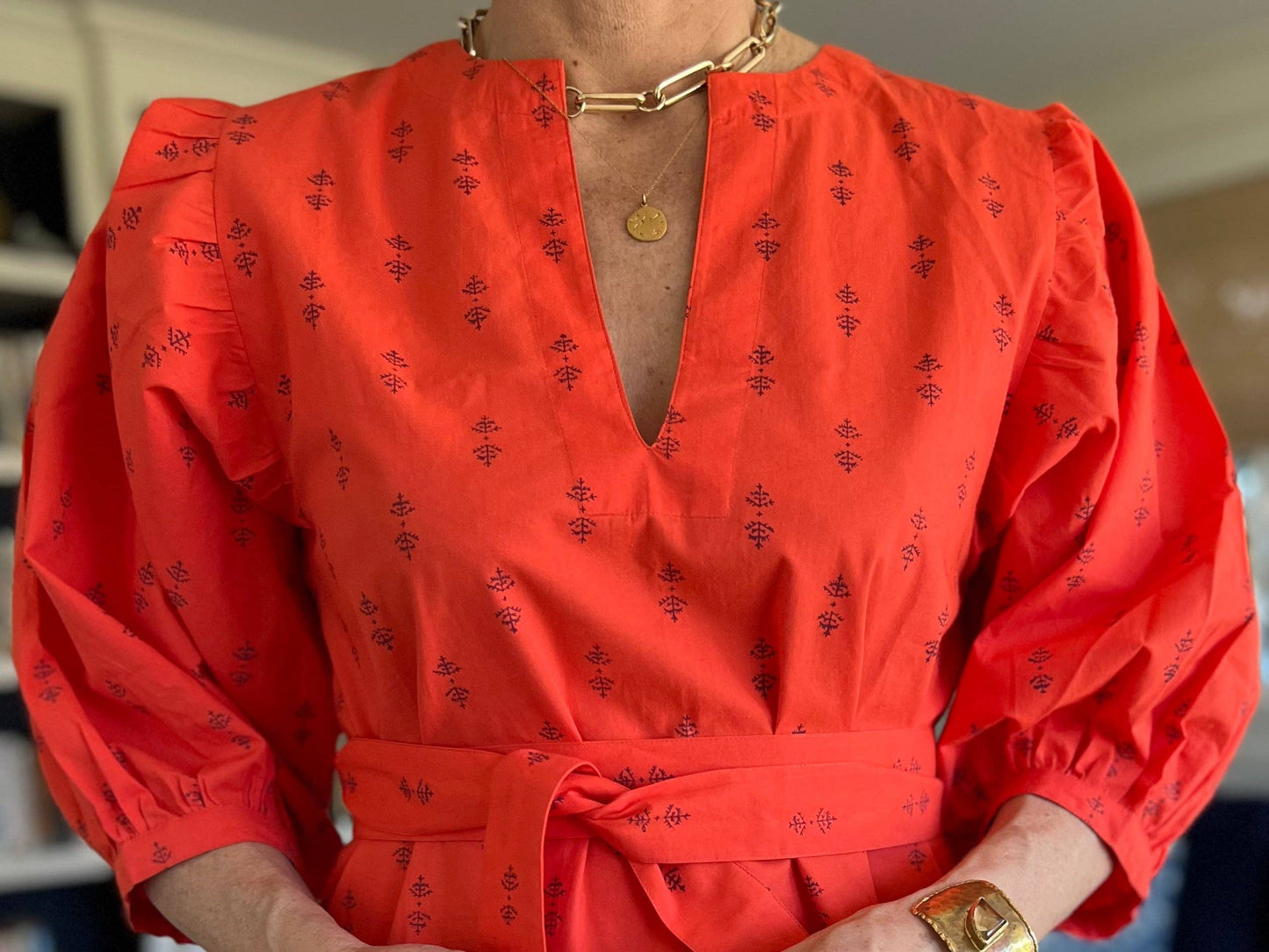 Tomato Red Staghorn Puff Sleeve Dress