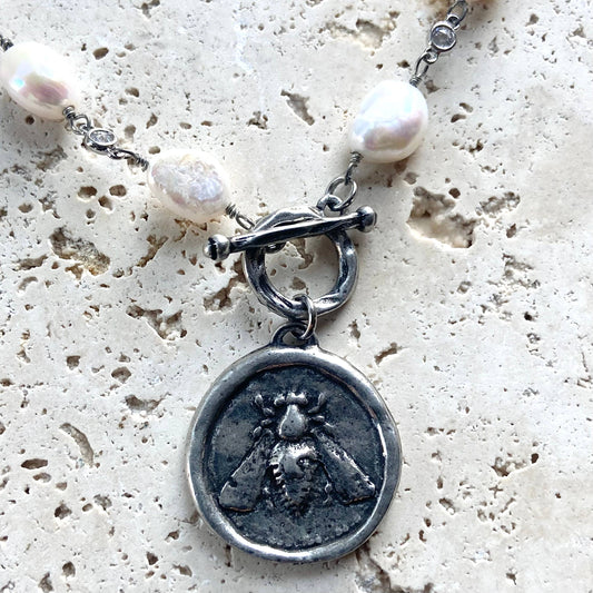 Freshwater, pearl bee, coin, necklace handmade