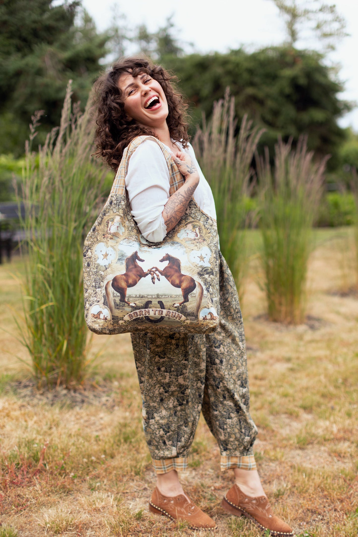 Born To Run Boho Linen Tote Bag w/ Wild Horse & Floral Print