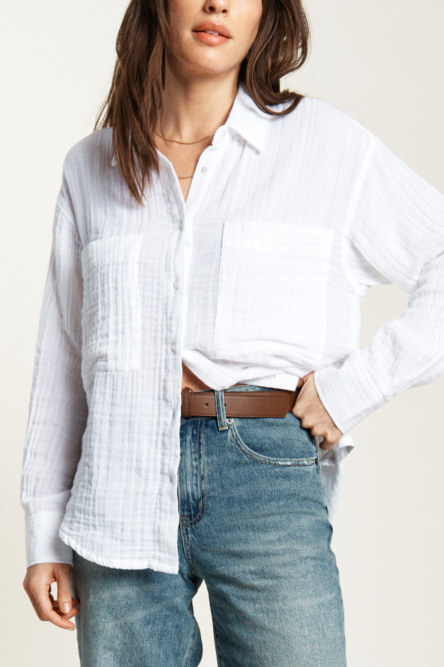 Pierre Button-Up Gauze Shirt, Cloudscape