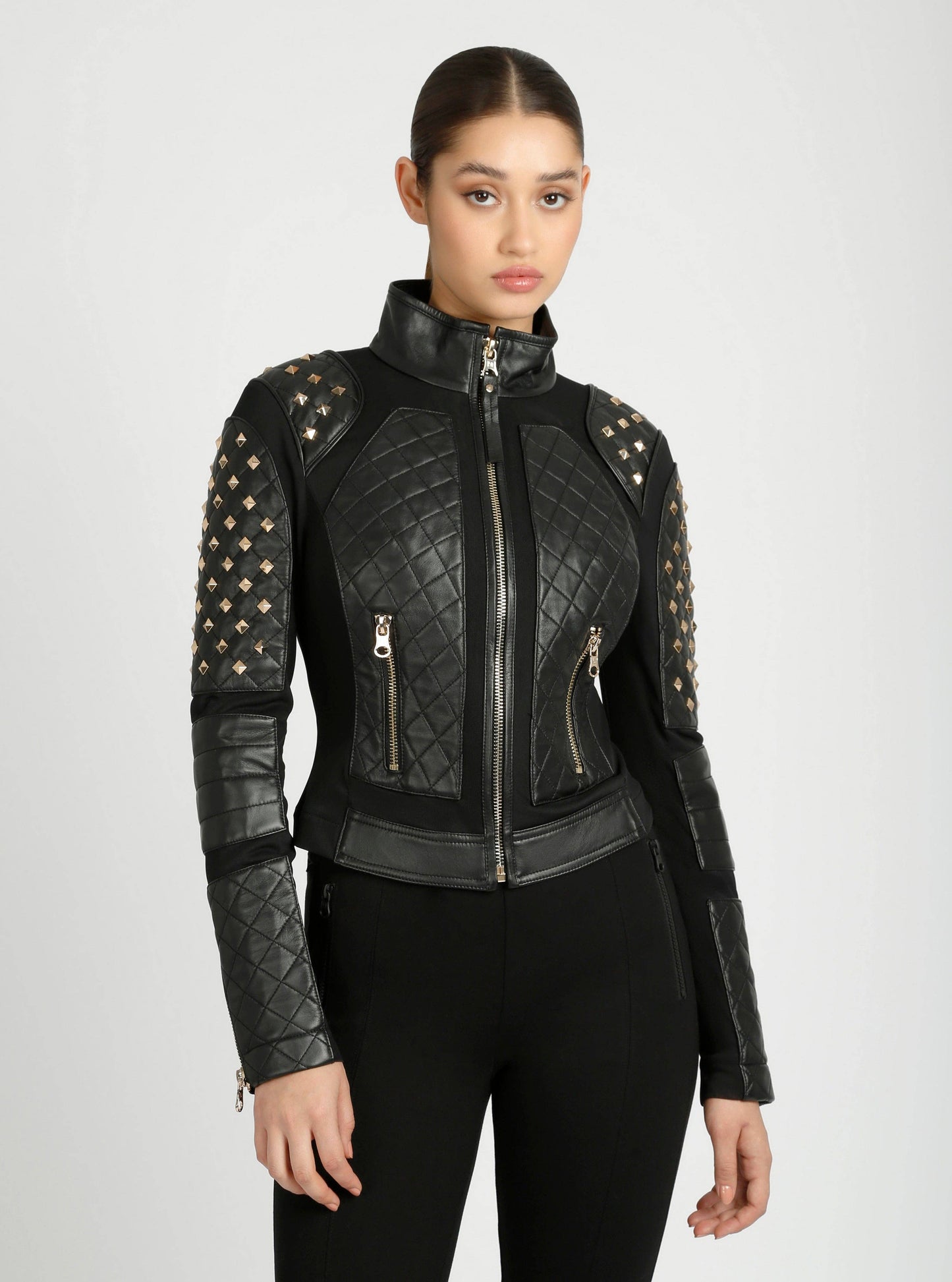 Pyramid Stud Mesh Genuine Leather Moto Jacket
