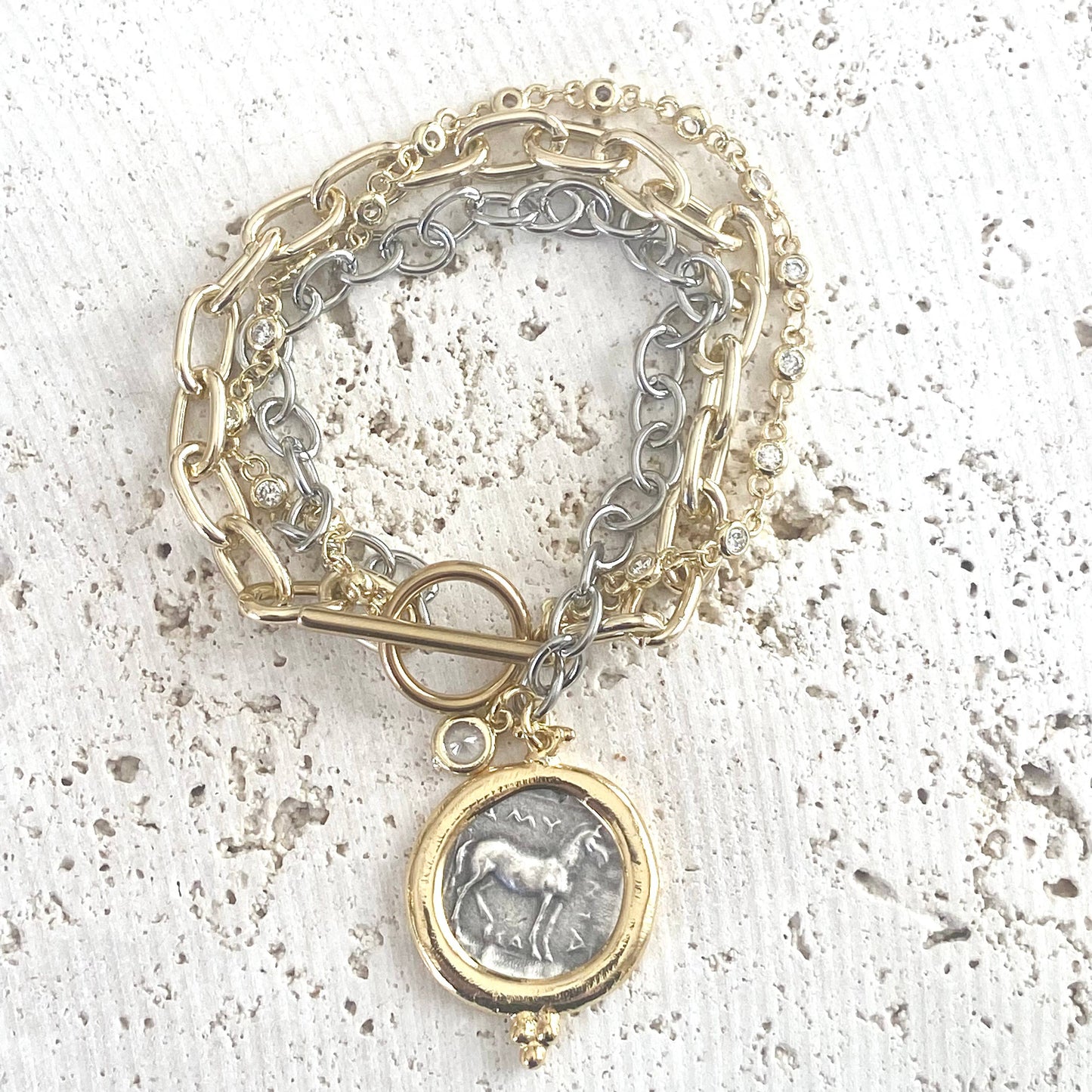 Coin triple bracelet Greek horse coin boutique salon